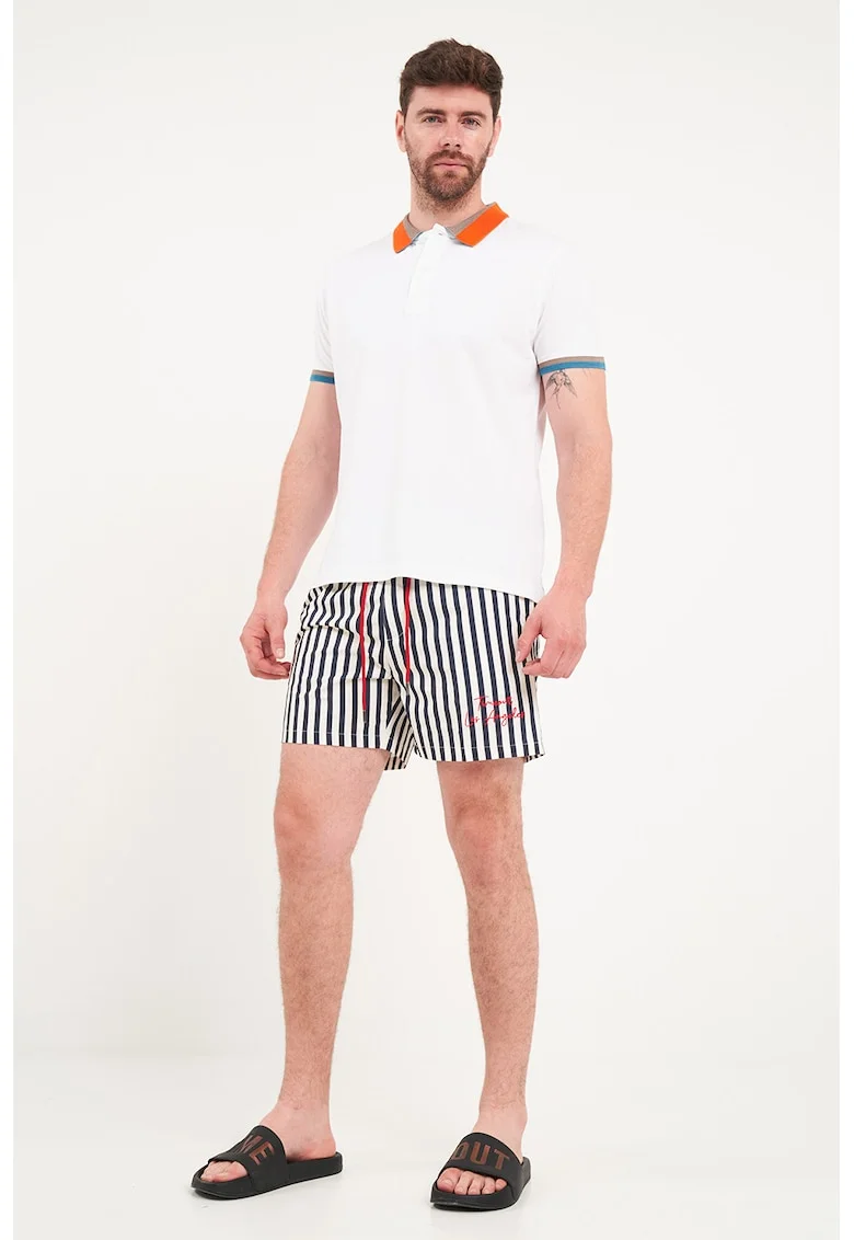 Pantaloni scurti de baie cu logo si dungi, Alb/Albastru ultramarin