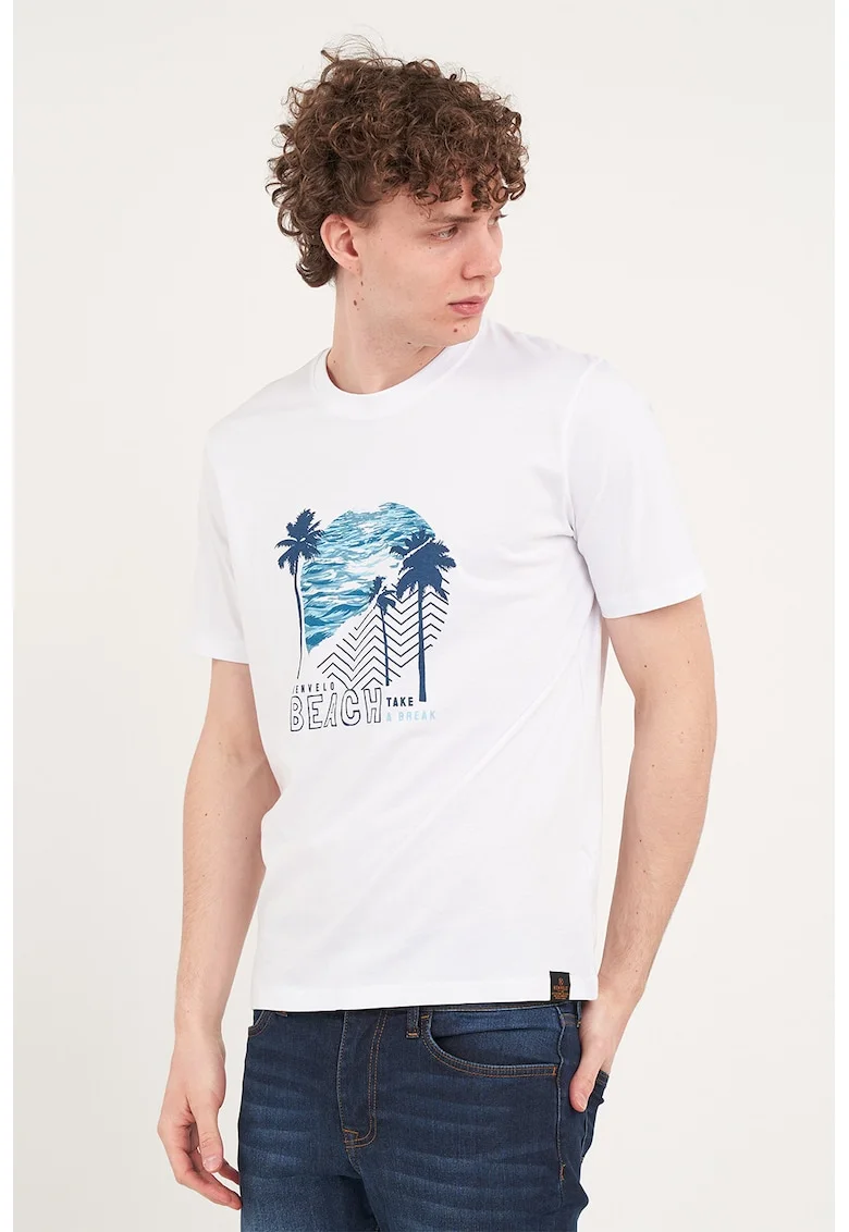 Tricou de bumbac cu imprimeu tropical, Alb/Bleumarin