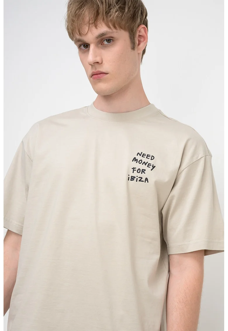Tricou din bumbac organic cu imprimeu text Money, Bej deschis
