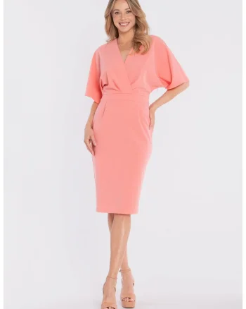 Rochie midi cu decolteu cache-coeur,  concept A trois, Bej, Roz somon