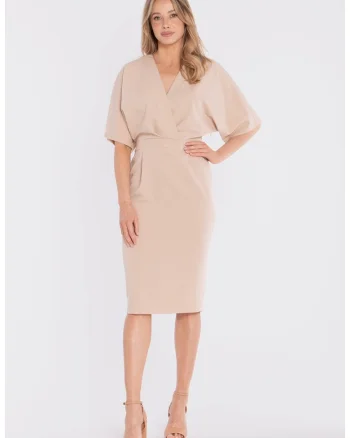 Rochie midi cu decolteu cache-coeur,  concept A trois, Bej, Bej