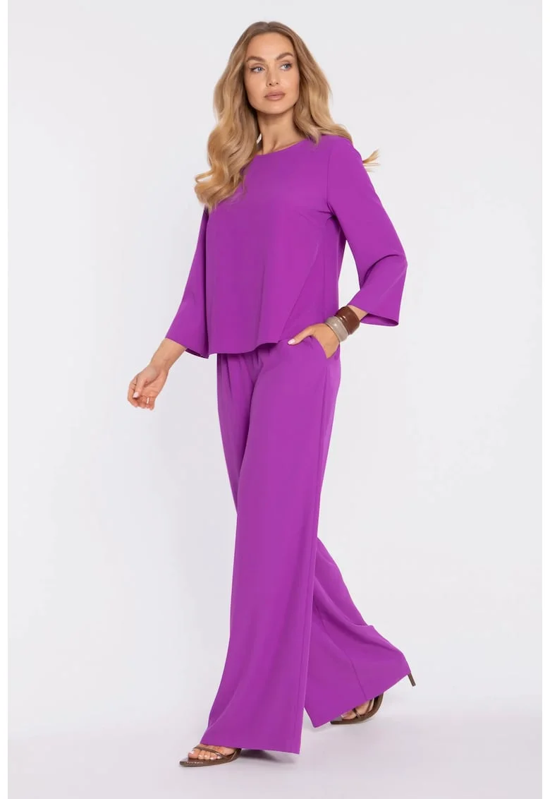 Pantaloni palazzo cu talie elastica si buzunare,  concept A trois, Lavanda, Violet