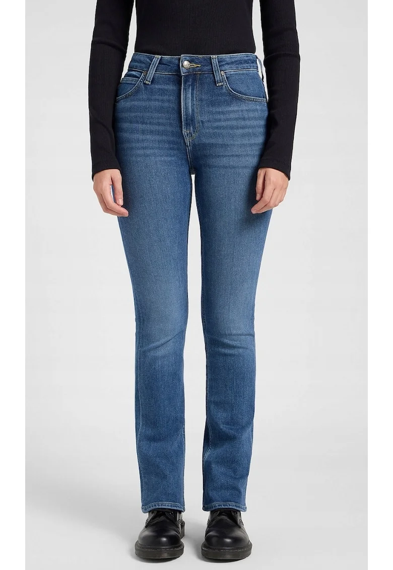 Pantaloni jeans dama  Breese Bootcut, albastru, denim elastic, talie usor ridicata, craci evazati,