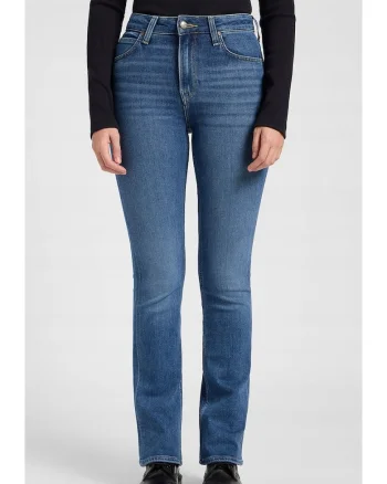 Pantaloni jeans dama  Breese Bootcut, albastru, denim elastic, talie usor ridicata, craci evazati,