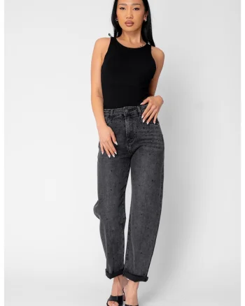 Blugi lungi cu strasuri Dark Grey 20991, Gri inchis
