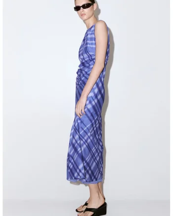 Rochie midi cu detaliu drapata si model in carouri, Alb/Albastru