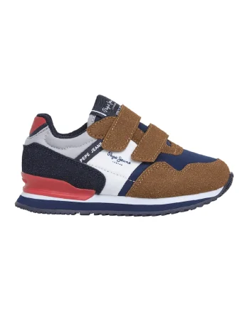 Pantofi sport din material textil cu inchidere velcro, Alb/Albastru inchis/Caramel
