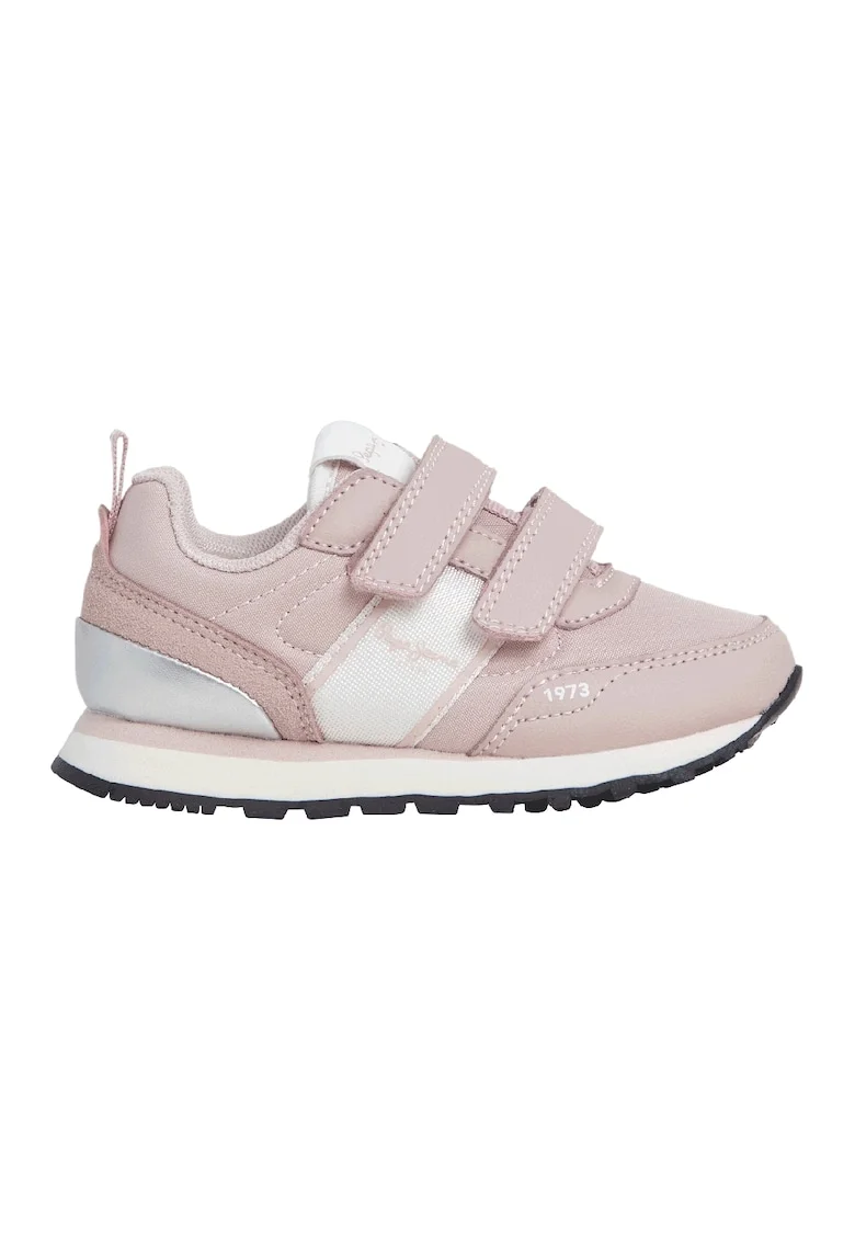 Pantofi sport cu segmente din material textil si velcro, Alb/Roz pastel/Argintiu