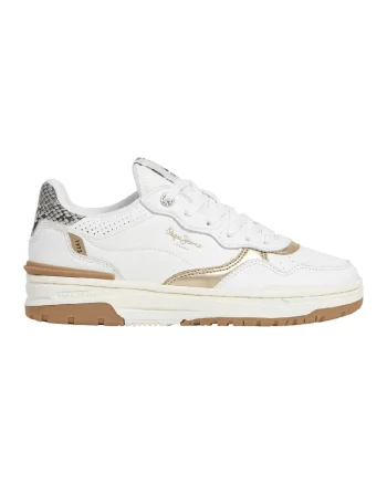 Pantofi sport din piele si piele intoarsa, Alb/Auriu