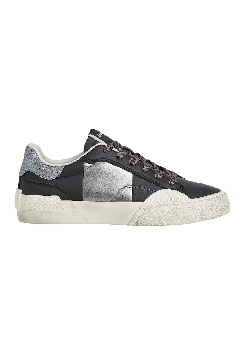 Pantofi sport cu insertii din piele lacuita, Negru/Argintiu