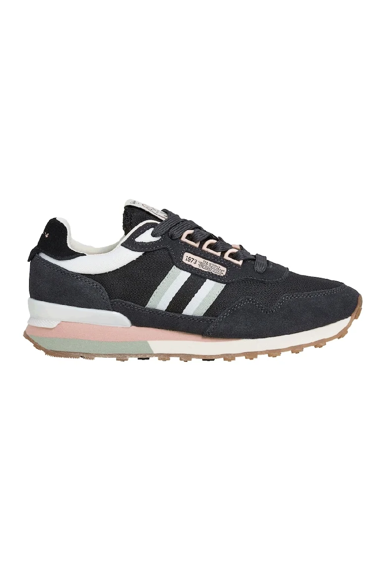 Pantofi sport din piele intoarsa cu insertii din material textil, Alb/Negru/Gri cenusiu