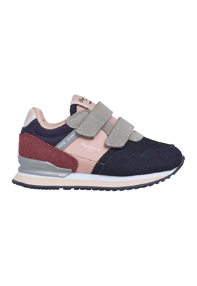 Pantofi sport cu velcro si logo, Roz pastel/Gri cenusiu/Bleumarin