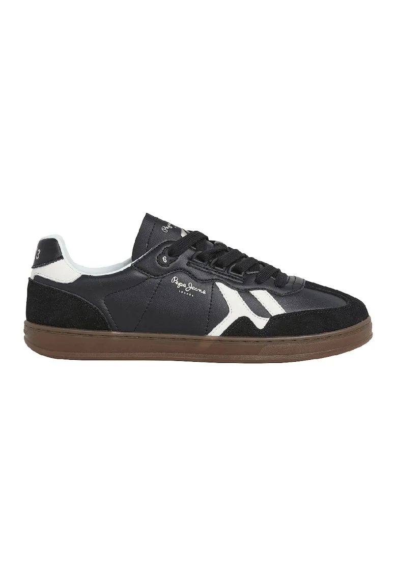 Pantofi sport din piele cu garnituri din piele intoarsa, Alb/Negru