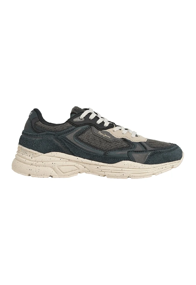 Pantofi sport din piele intoarsa cu insertii din plasa, Alb fildes/Gri carbune/Gri inchis
