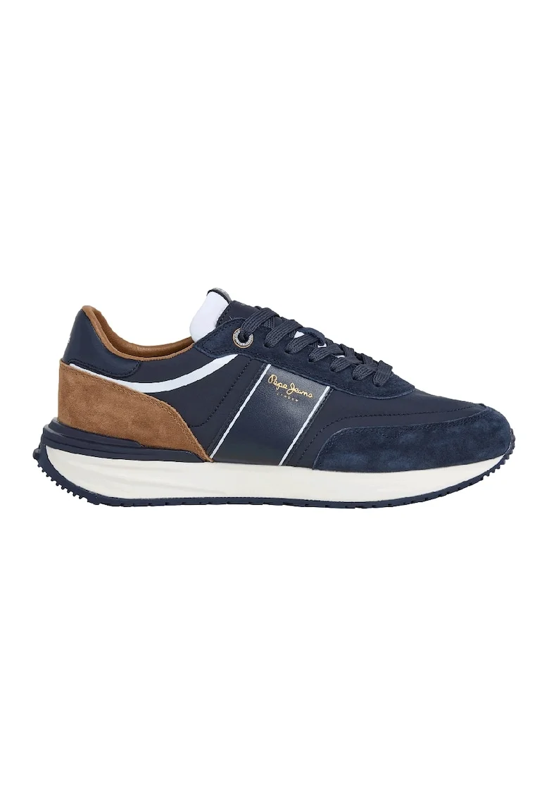 Pantofi sport din material textil cu talpa plata si insertii din piele intoarsa, Caramel/Bleumarin