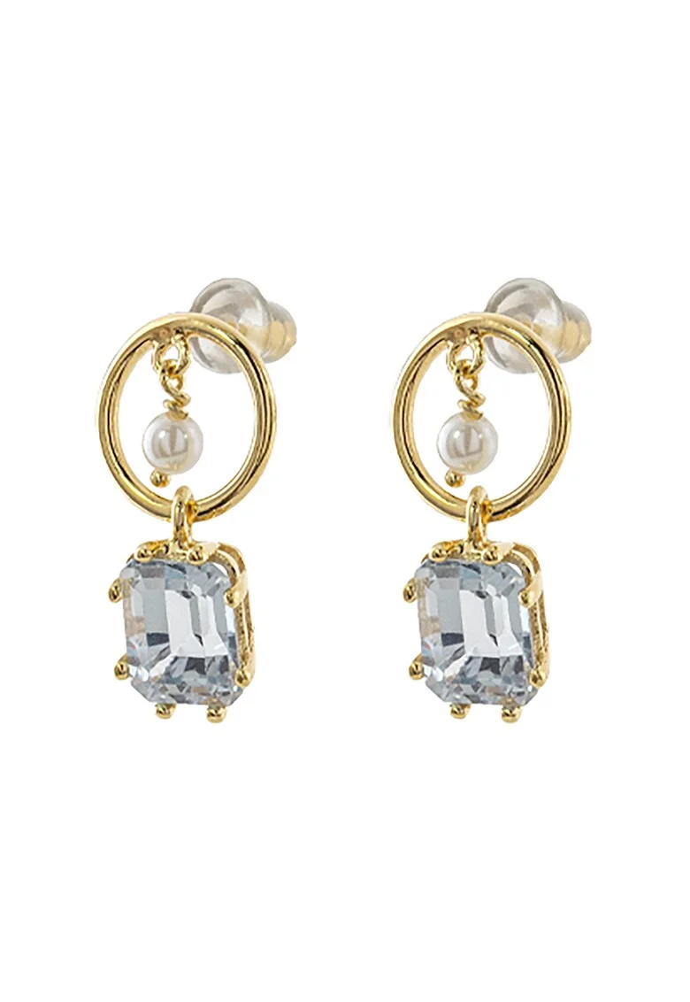 Cercei placati cu aur de 18K si decorati cu zirconia, Alb/Auriu/Albastru glaciar