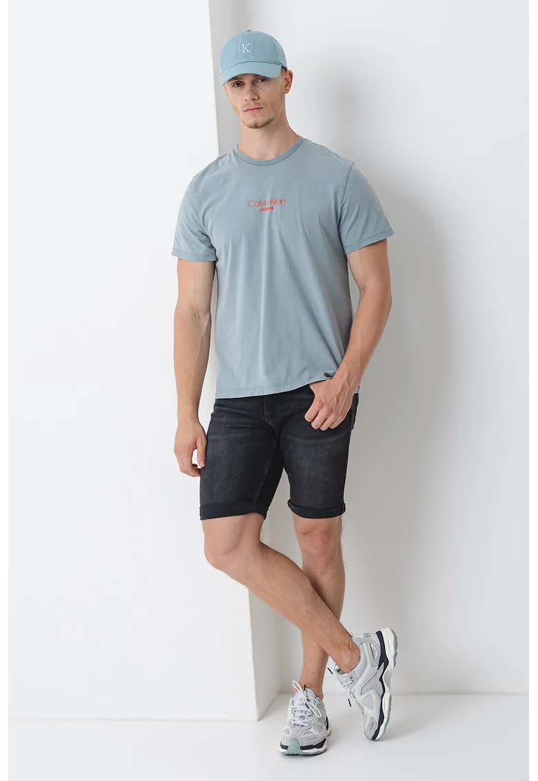 Tricou de bumbac cu decolteu la baza gatului, Albastru prafuit/Portocaliu mandarina
