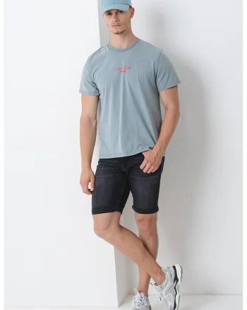 Tricou de bumbac cu decolteu la baza gatului, Albastru prafuit/Portocaliu mandarina