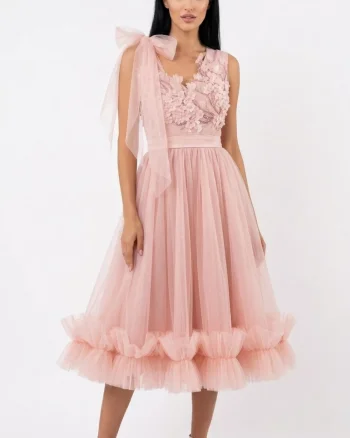 Rochie eleganta midi din tull cu volane si broderie cu perle