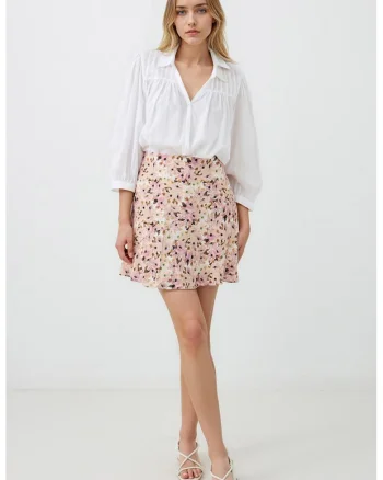 Fusta mini cu model floral, Alb/Roz