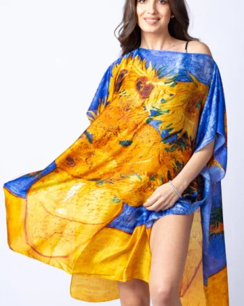 Rochie de plaja tip poncho din matase cu stilizare   Floarea Soarelui   pe fond albastru