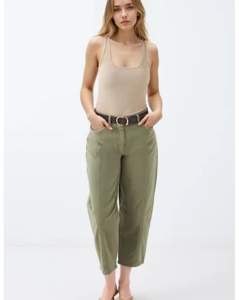 Pantaloni crop cu talie inalta, Verde masliniu