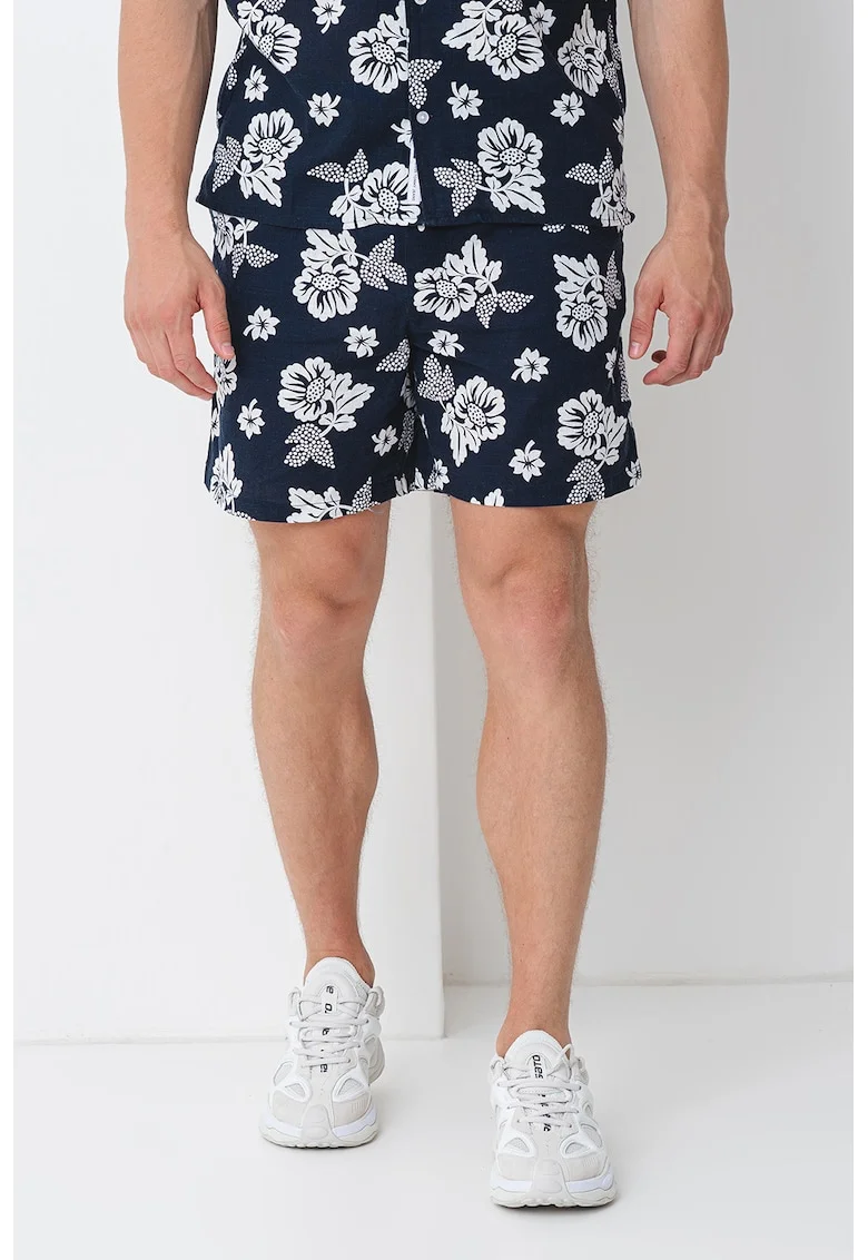 Pantaloni scurti de bumbac cu model floral si snur, Alb murdar/Bleumarin