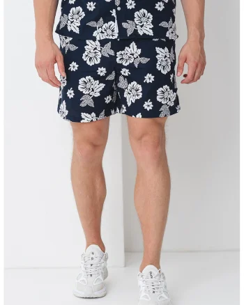 Pantaloni scurti de bumbac cu model floral si snur, Alb murdar/Bleumarin