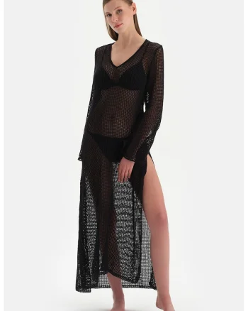 Rochie de plaja cu slituri laterale si perforatii, Negru stins