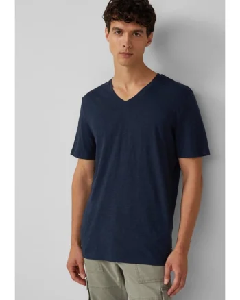 Tricou barbati cu decolteu in V, Regular fit, din bumbac, 48654, Bleumarin inchis