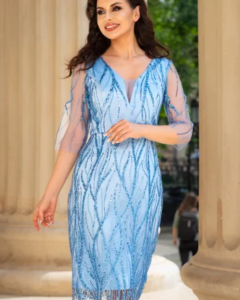 Rochie de ocazie conica bleu Bahar cu aplicatii pretioase