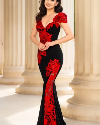Rochie eleganta tip sirena Fabrizia cu broderie florala rosie