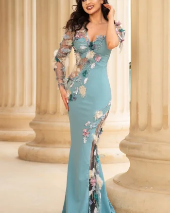 Rochie de seara lunga mint Anelisse cu flori delicate si margele decorative