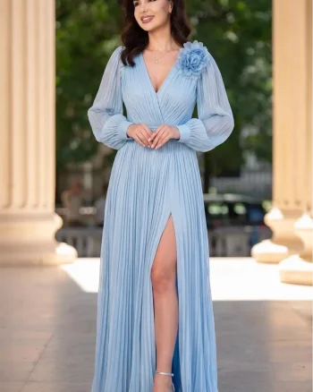 Rochie de seara eleganta Gabriella bleu cu drapaje si floare 3D