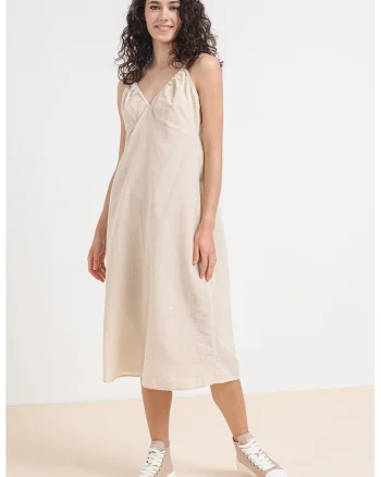 Rochie midi din amestec de in Magnete, Alb murdar