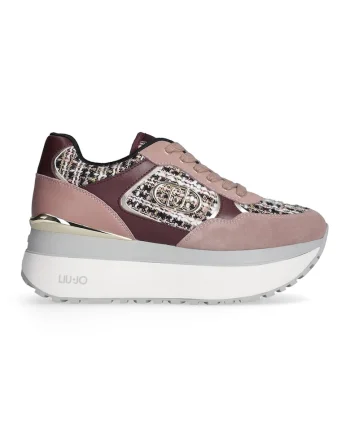Pantofi sport flatform de piele cu insertii de material textil, Violet tyrian/Roz prafuit