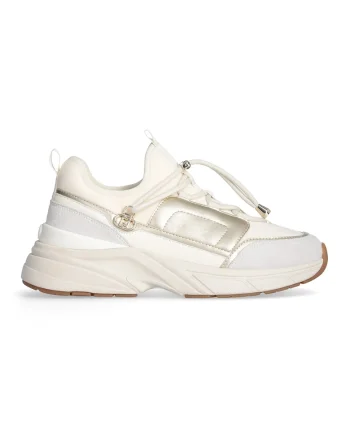 Pantofi sport de piele cu insertii de material textil, Auriu/Crem