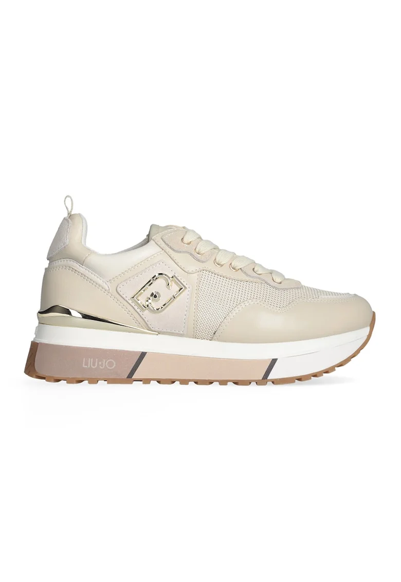 Pantofi sport de piele si plasa cu logo metalic, Auriu/Bej