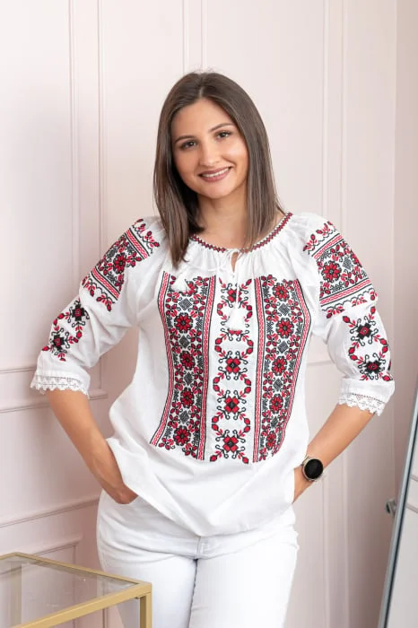 Bluza tip ie alba cu motiv floral rosu Liana 08