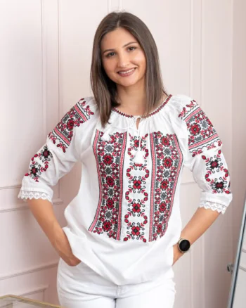Bluza tip ie alba cu motiv floral rosu Liana 08