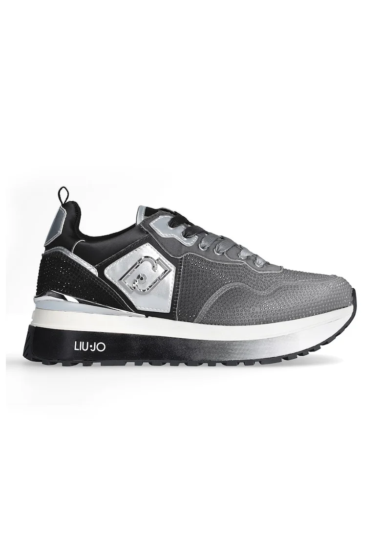 Pantofi sport de piele ecologica cu talpa plata si strasuri, Gri