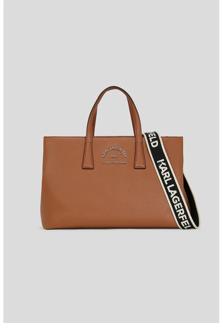 Geanta shopper de piele ecologica cu bareta detasabila cu logo, Negru/Maro scortisoara