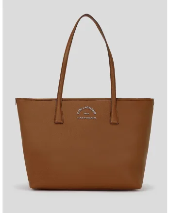 Geanta shopper de piele ecologica cu logo metalica, Maro scortisoara