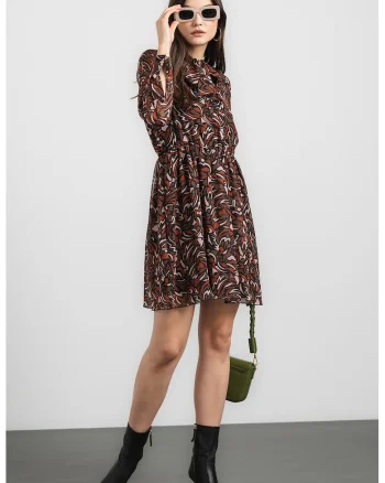 Rochie evazata cu guler din funda cu panglici, Kaki/Caramiziu