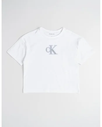 Tricou crop cu logo stralucitor, Alb/Argintiu