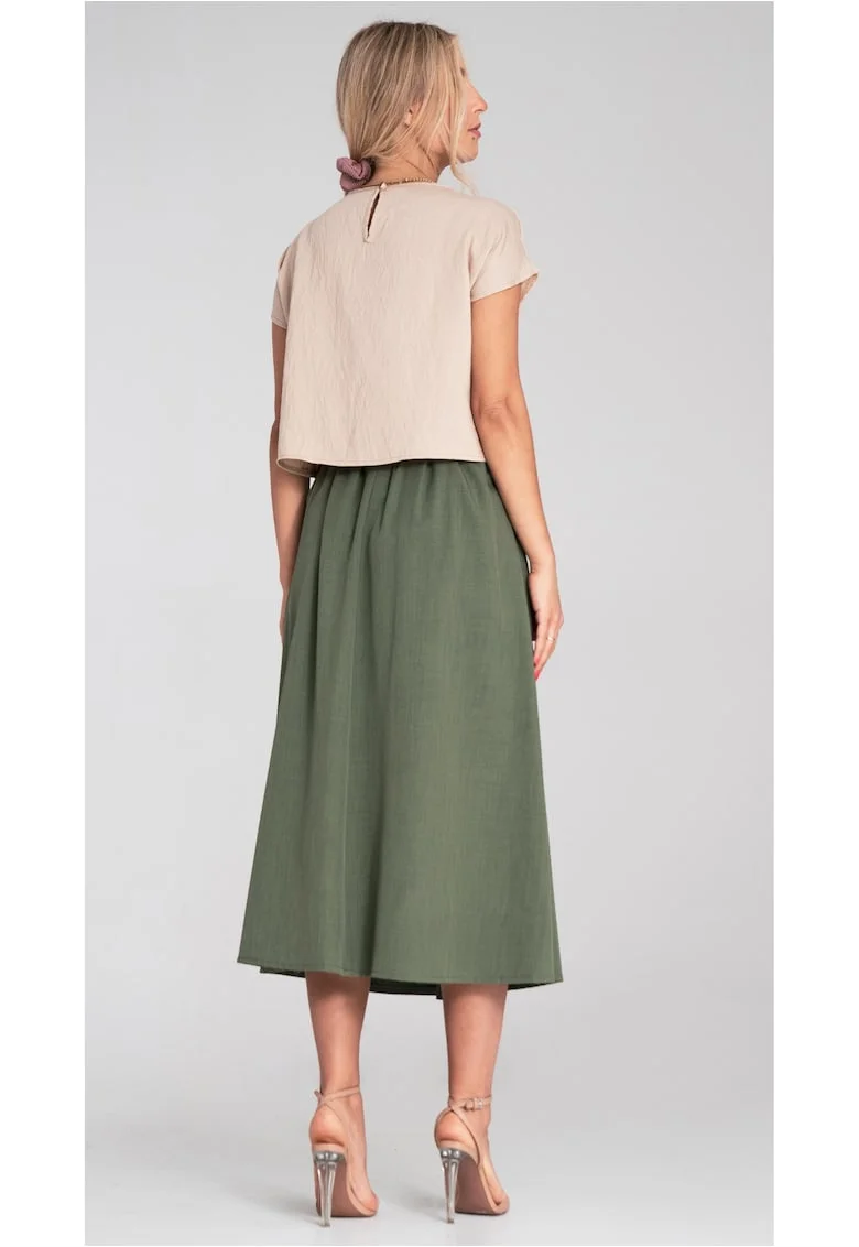 Fusta midi  verde, talie inalta, curea, evazata, cu buzunare,