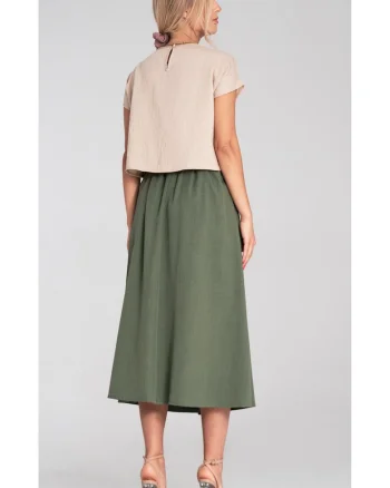 Fusta midi  verde, talie inalta, curea, evazata, cu buzunare,