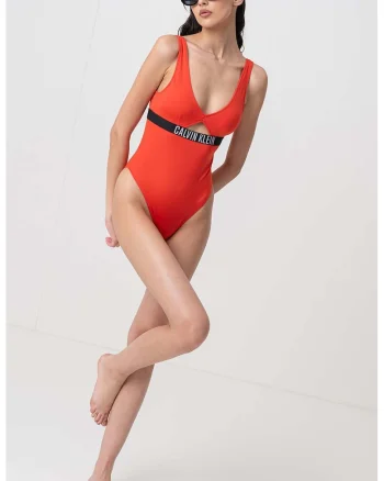 Costum de baie intreg cu detaliu logo, Negru/Portocaliu mandarina