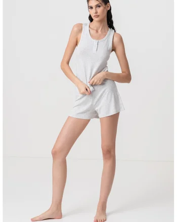 Pijama cu pantaloni scurti din amestec de bumbac organic si modal, Gri melange