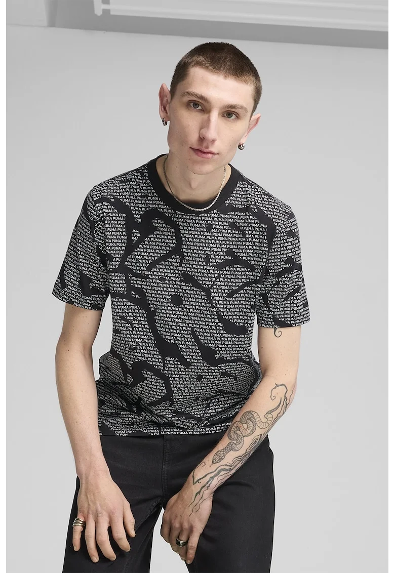 Tricou din bumbac cu decolteu la baza gatului, Negru/Gri inchis